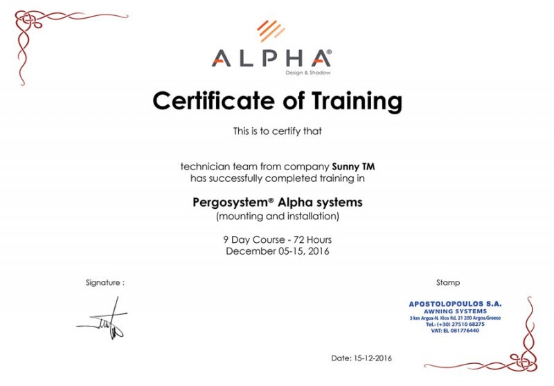 Pergosystem® Alpha — Certificate of Training