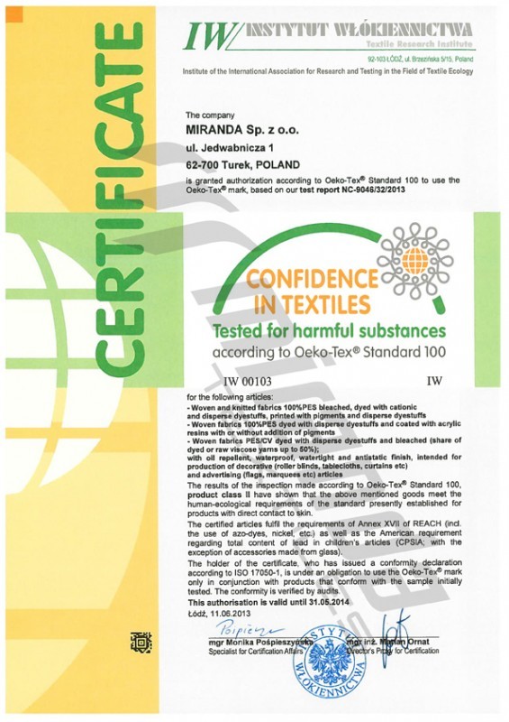 Oeko-Tex® Standard 100 — Miranda Sp. z o.o.