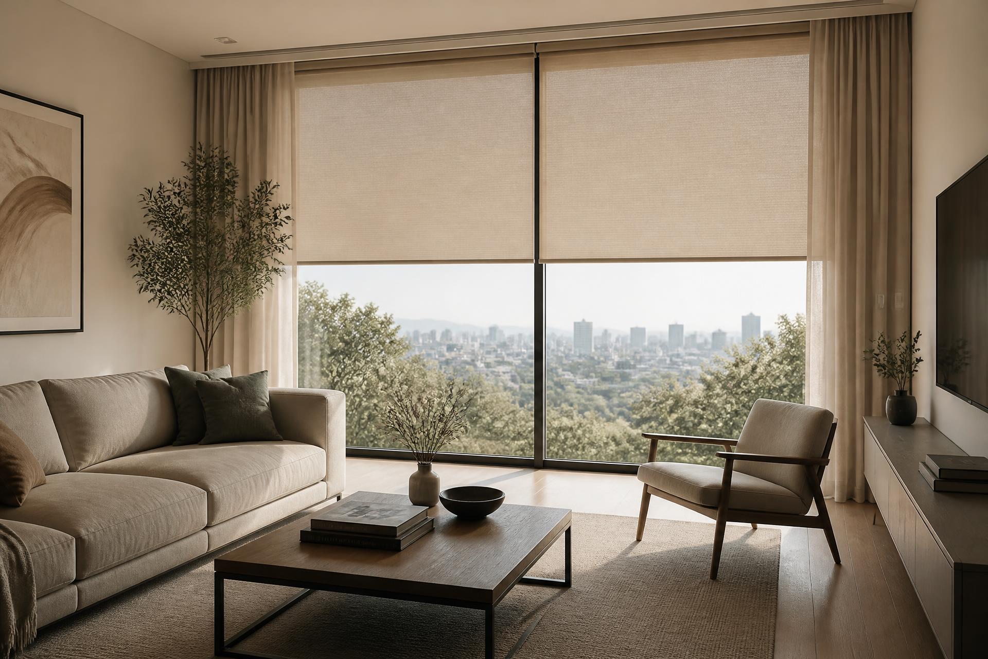 Modern interior with motorised roller blinds